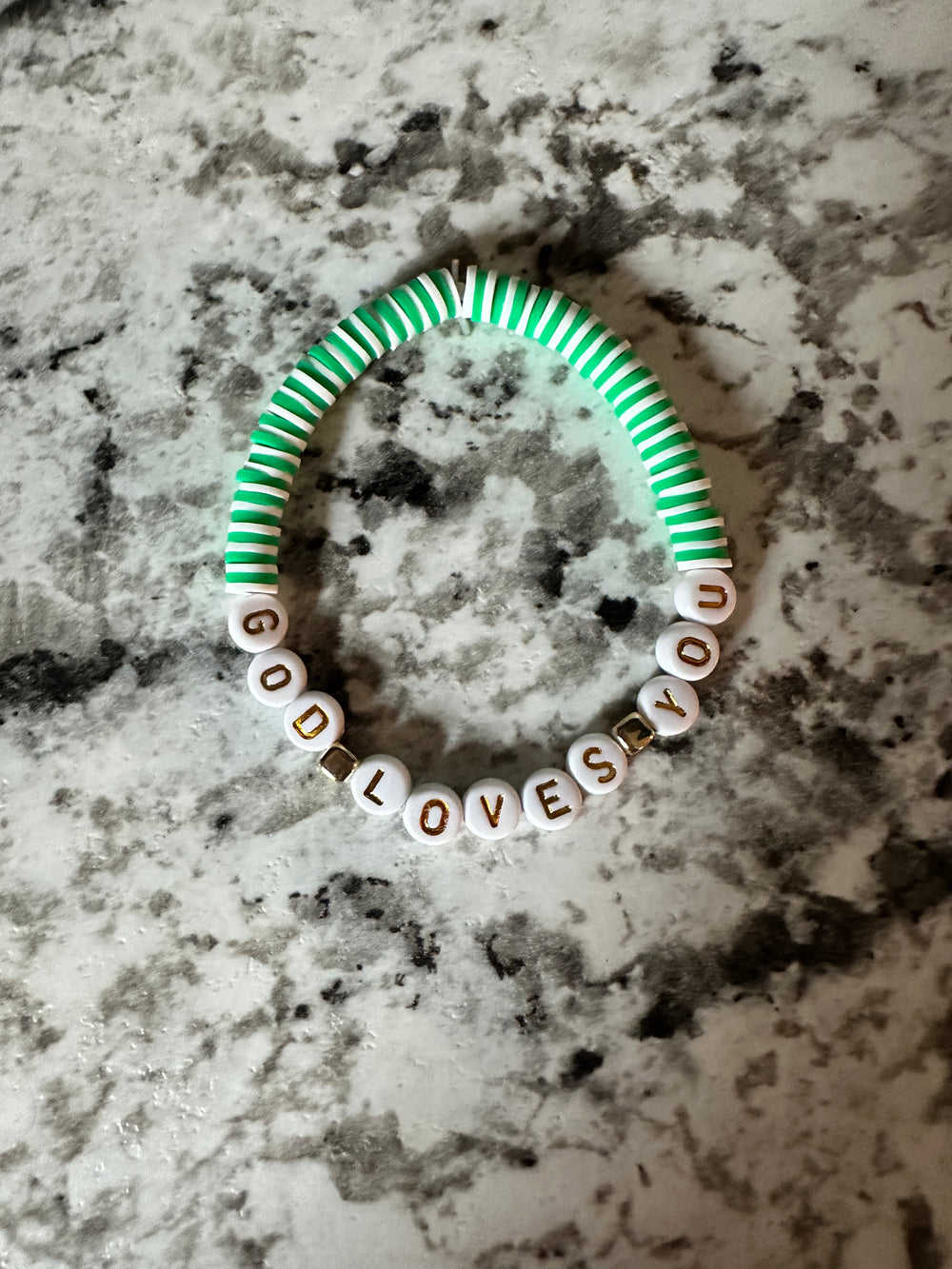 God Loves You Green & White Clay Bead Bracelet