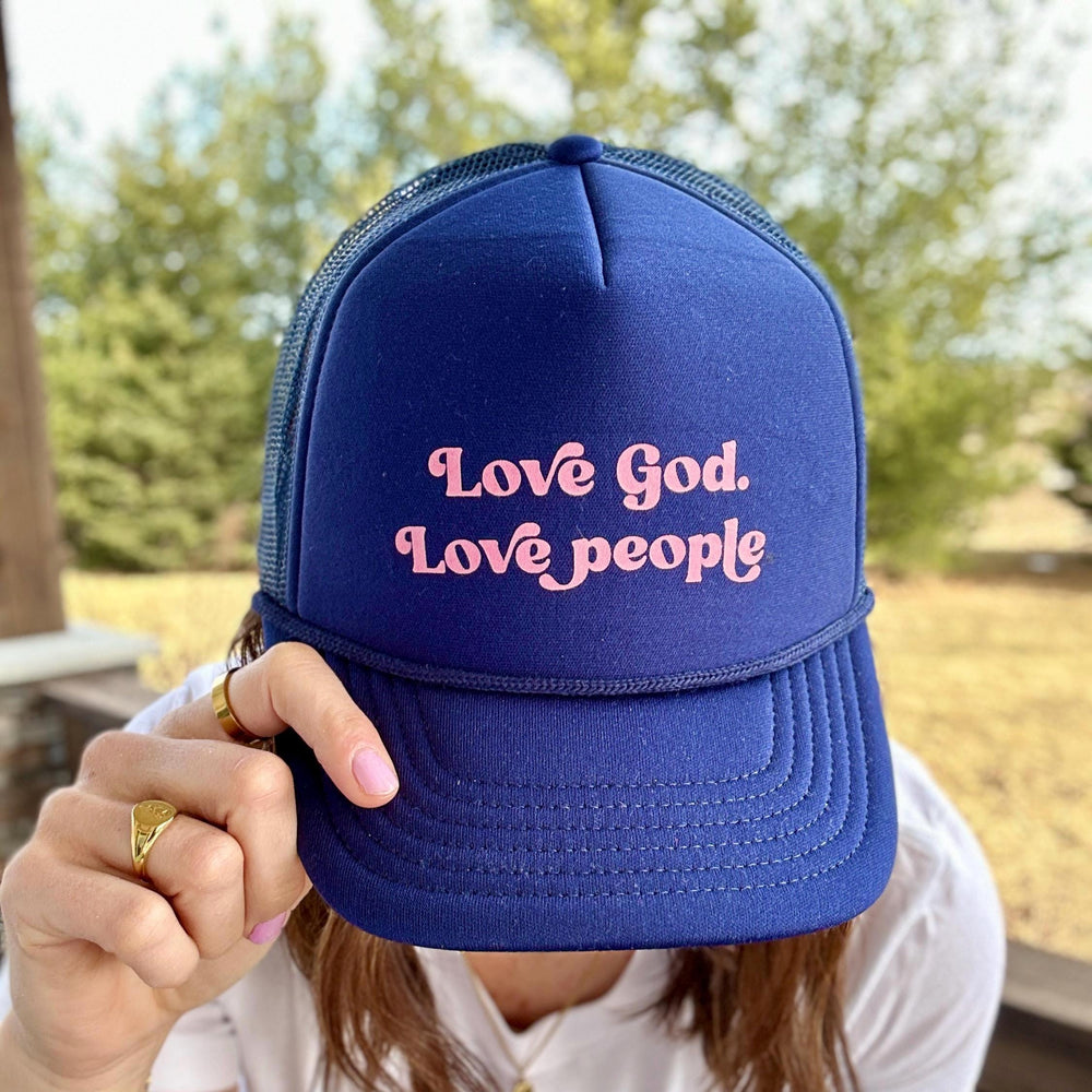 Love God Love People Navy with Pink Trucker Hat
